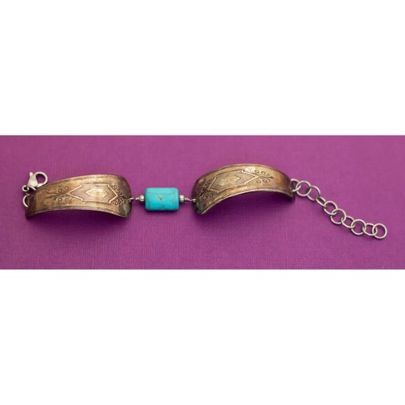 Vintage Mid Century Turquoise Silver Tone Bracelet 7 Inches - Q2 - Picture 3 of 4